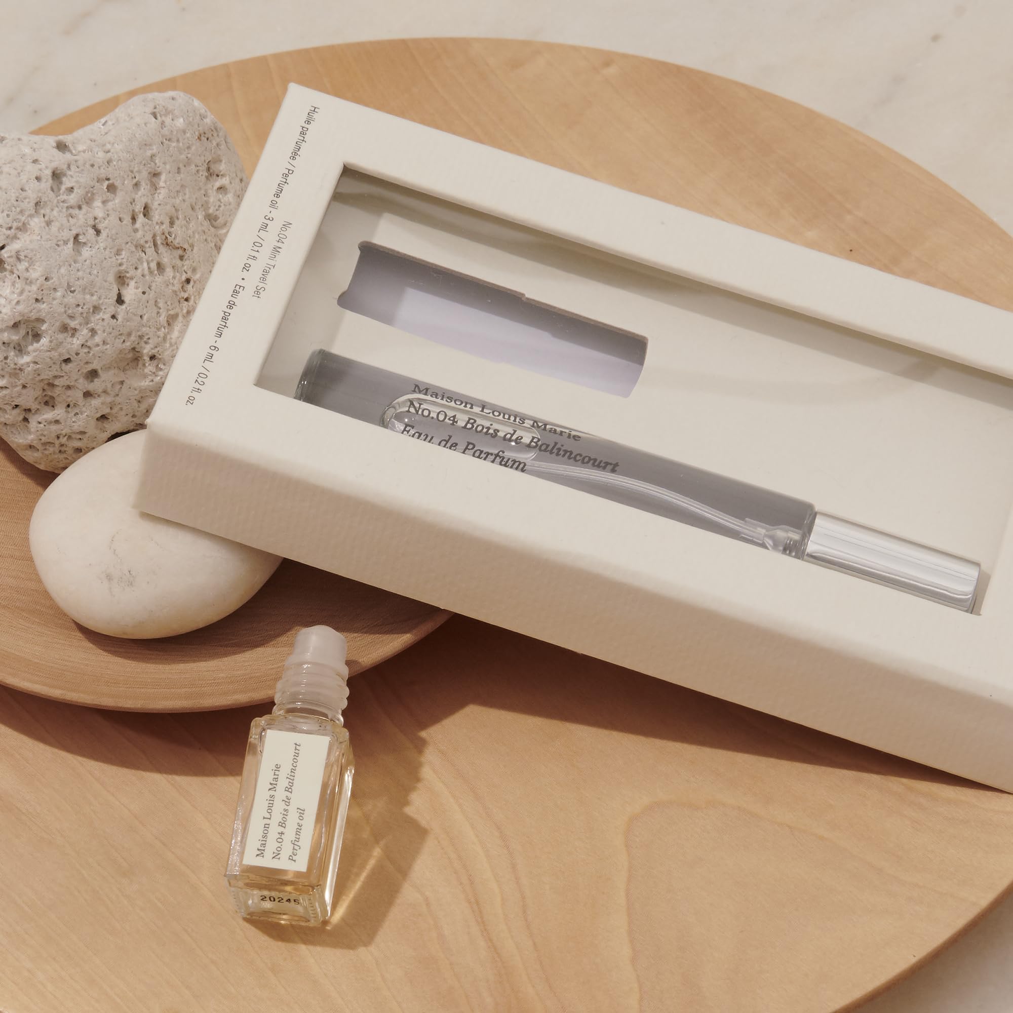 Mini travel set box featuring Maison Louis Marie No.04 Bois de Balincourt