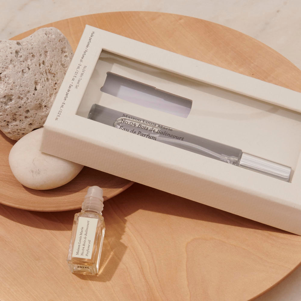 Mini travel set box featuring Maison Louis Marie No.04 Bois de Balincourt