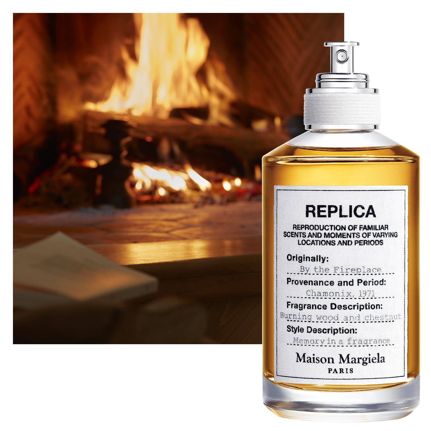 Maison Margiela Replica By the Fireplace bottle back shows the elegant woody accord.