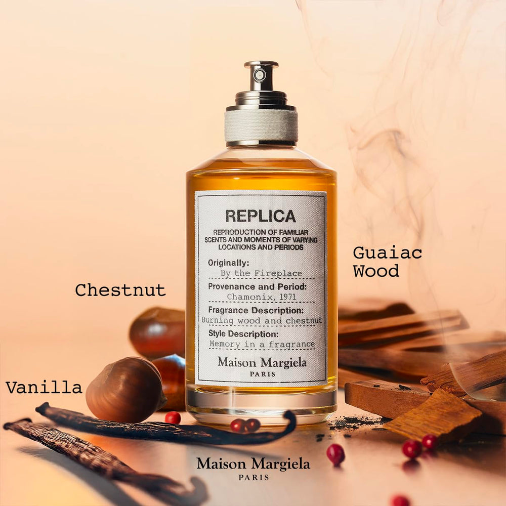 Maison Margiela Replica By the Fireplace bottle side profile highlights minimalist design.