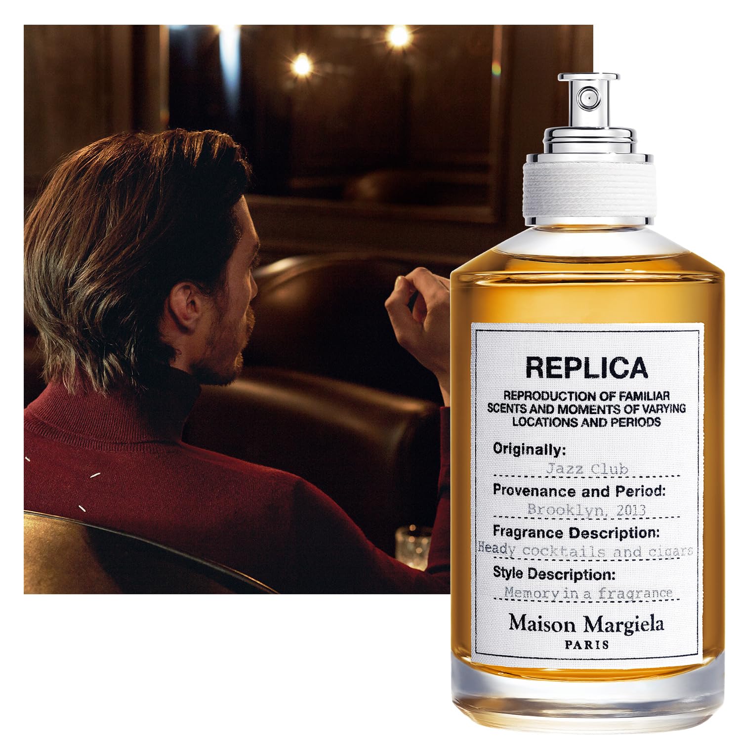 Maison Margiela Replica Jazz Club bottle close-up label highlights premium notes.