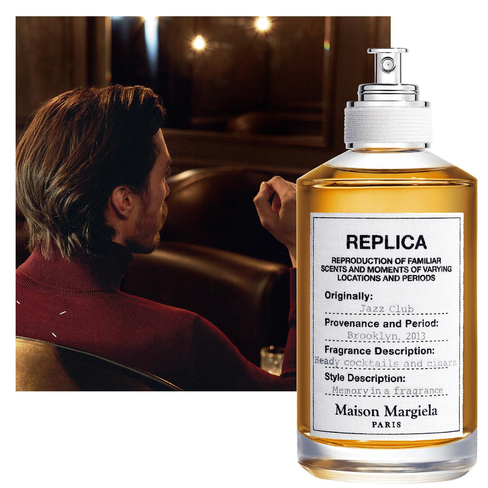 Maison Margiela Replica Jazz Club bottle close-up label highlights premium notes.