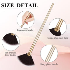 Portable fan-shaped makeup brush ideal for on-the-go touch-ups.