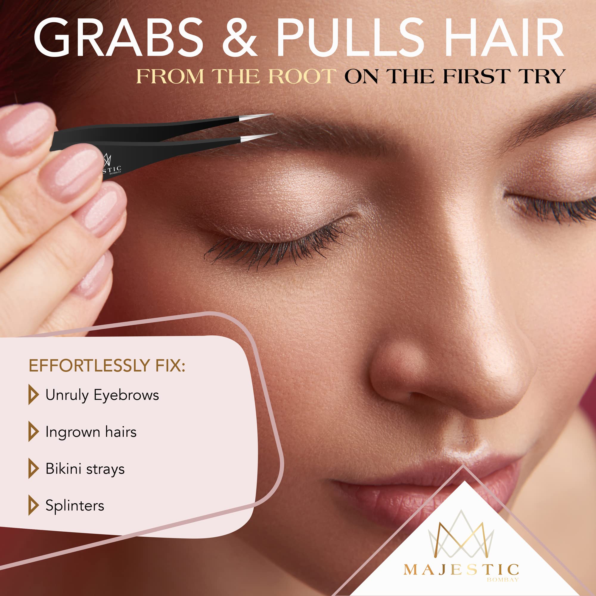 Majestic Bombay professional-use tweezers suited for estheticians and home grooming.