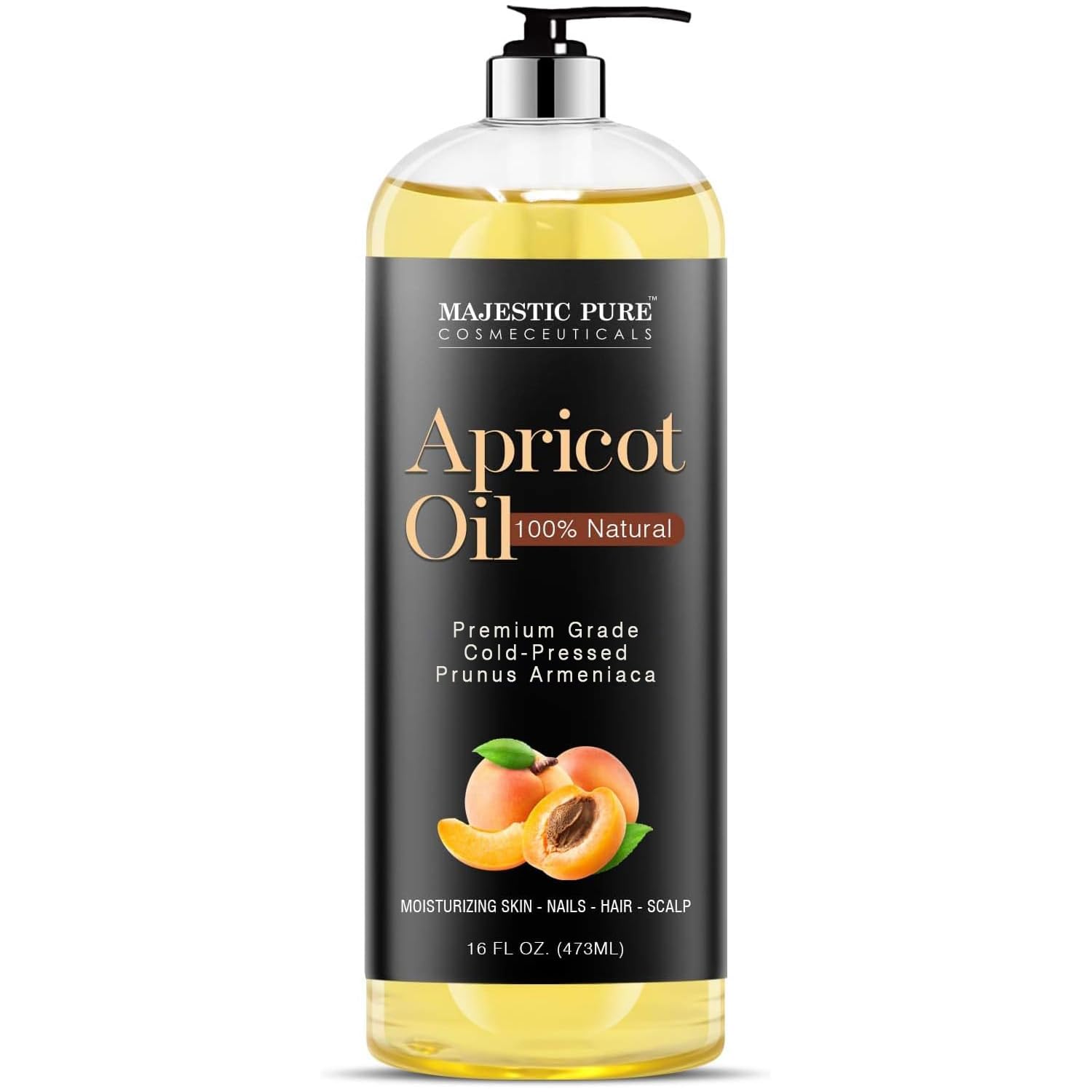 Majestic Pure aceite de albaricoque en botella, hidratación suave para piel.