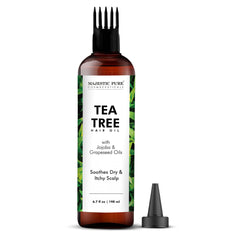 Majestic Pure Aceite Arbol de Te para cabello, foco en crecimiento y fortalecimiento.