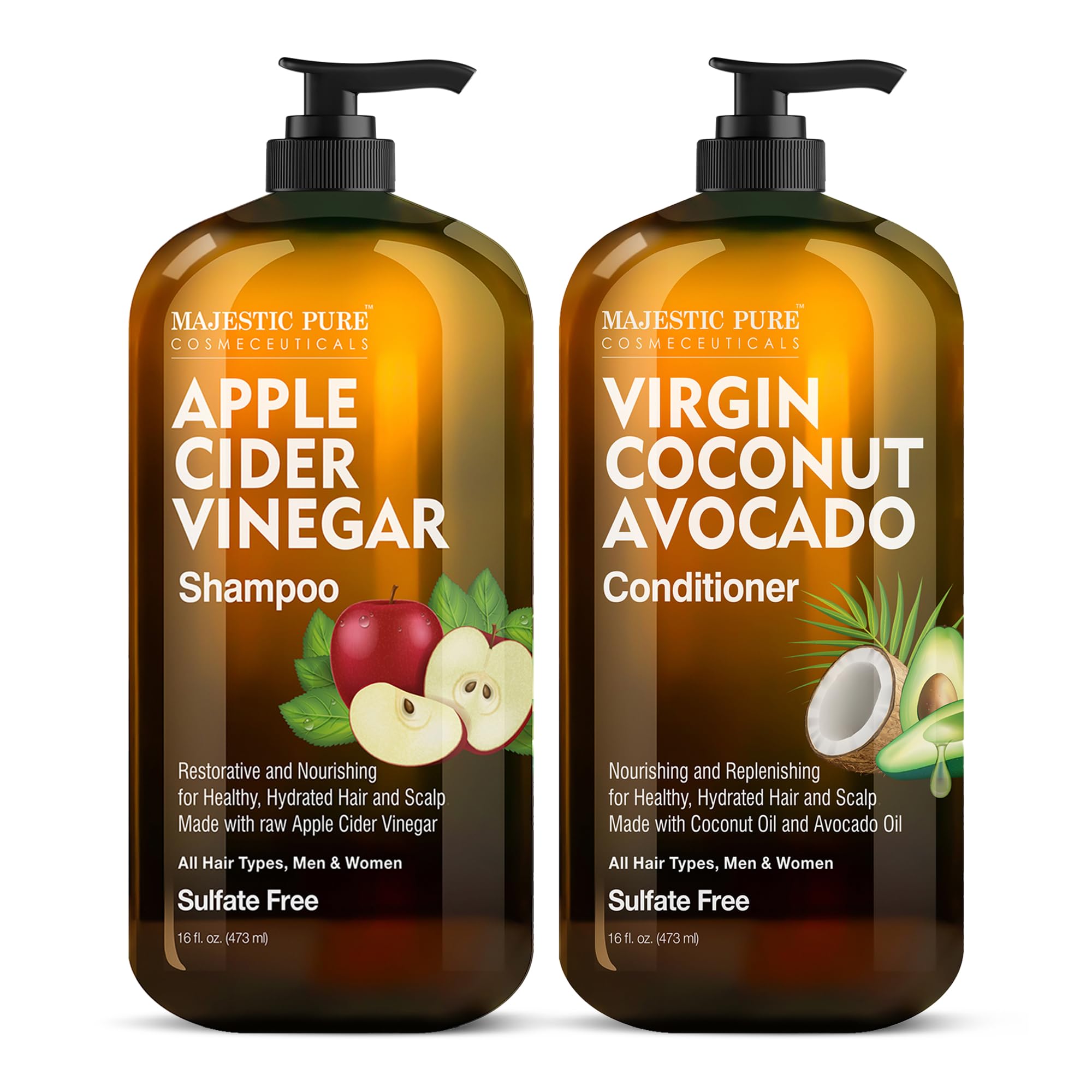 Majestic Pure Apple Cider Vinegar Shampoo bottle pour reveals a fresh, clean hair cleanse