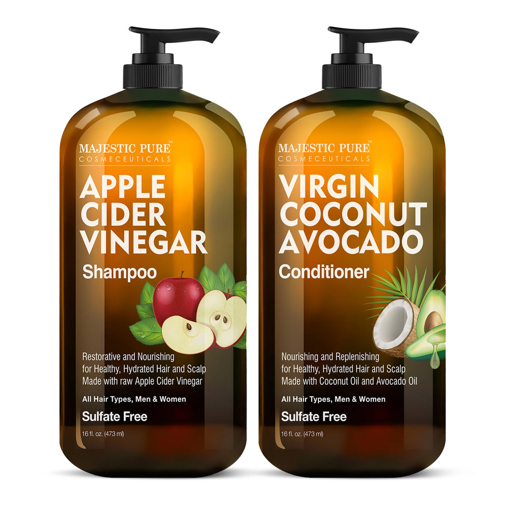 Majestic Pure Apple Cider Vinegar Shampoo bottle pour reveals a fresh, clean hair cleanse
