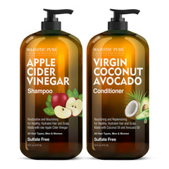 Majestic Pure Apple Cider Vinegar Shampoo bottle pour reveals a fresh, clean hair cleanse
