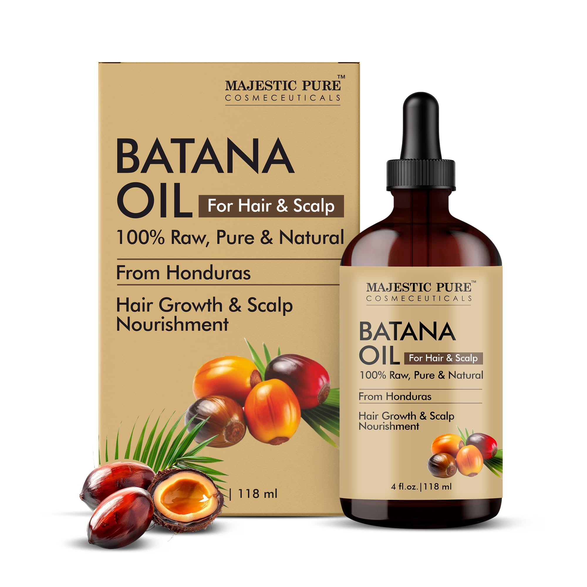 Majestic Pure Batana Aceite en frasco, cabello suave y nutrido.