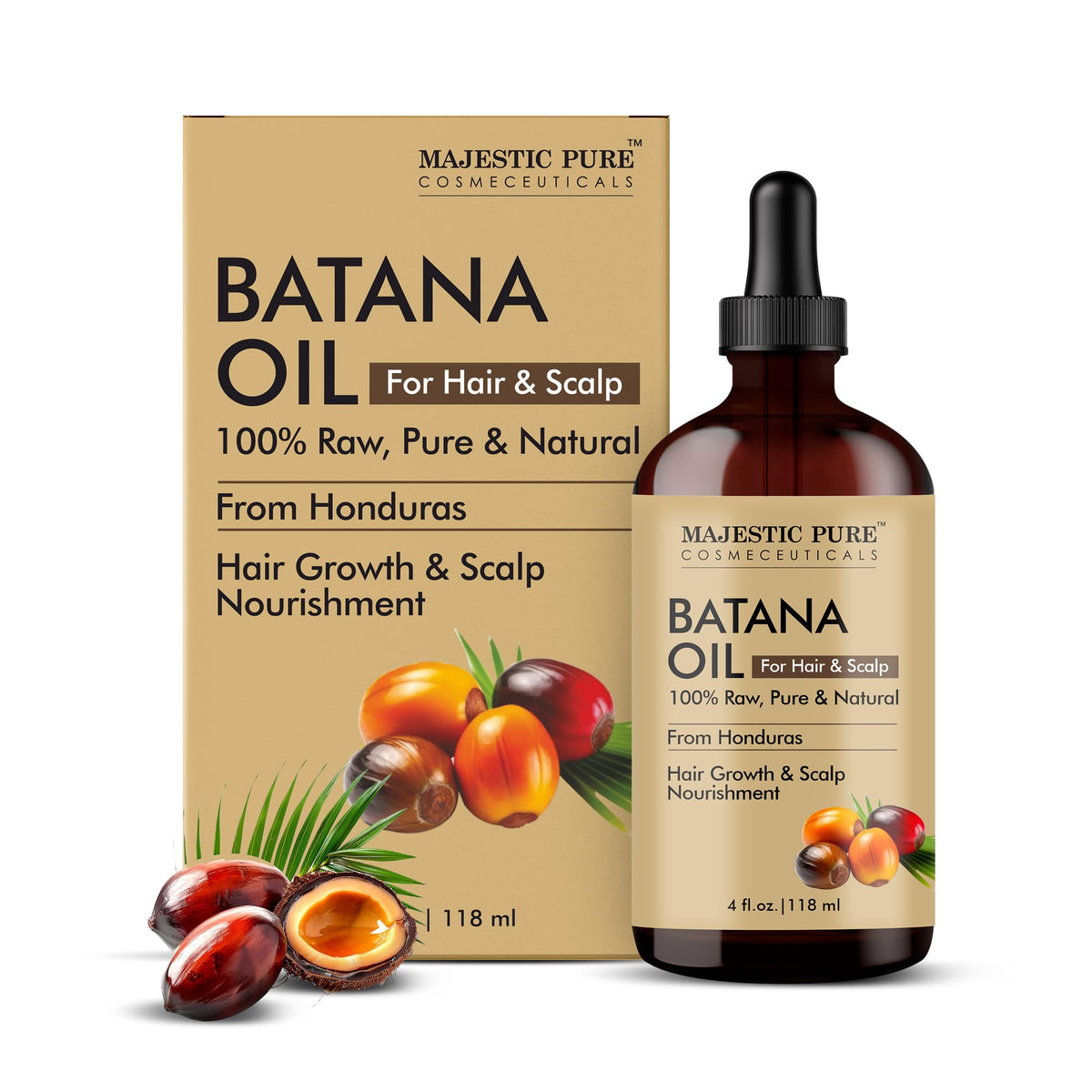 Majestic Pure Batana Aceite en frasco, cabello suave y nutrido.
