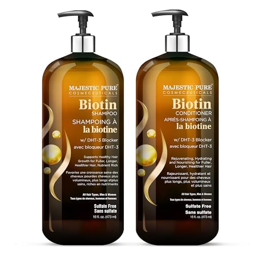 Acondicionador Biotina Majestic Pure, botella, cabello suave y manejable tras lavado.