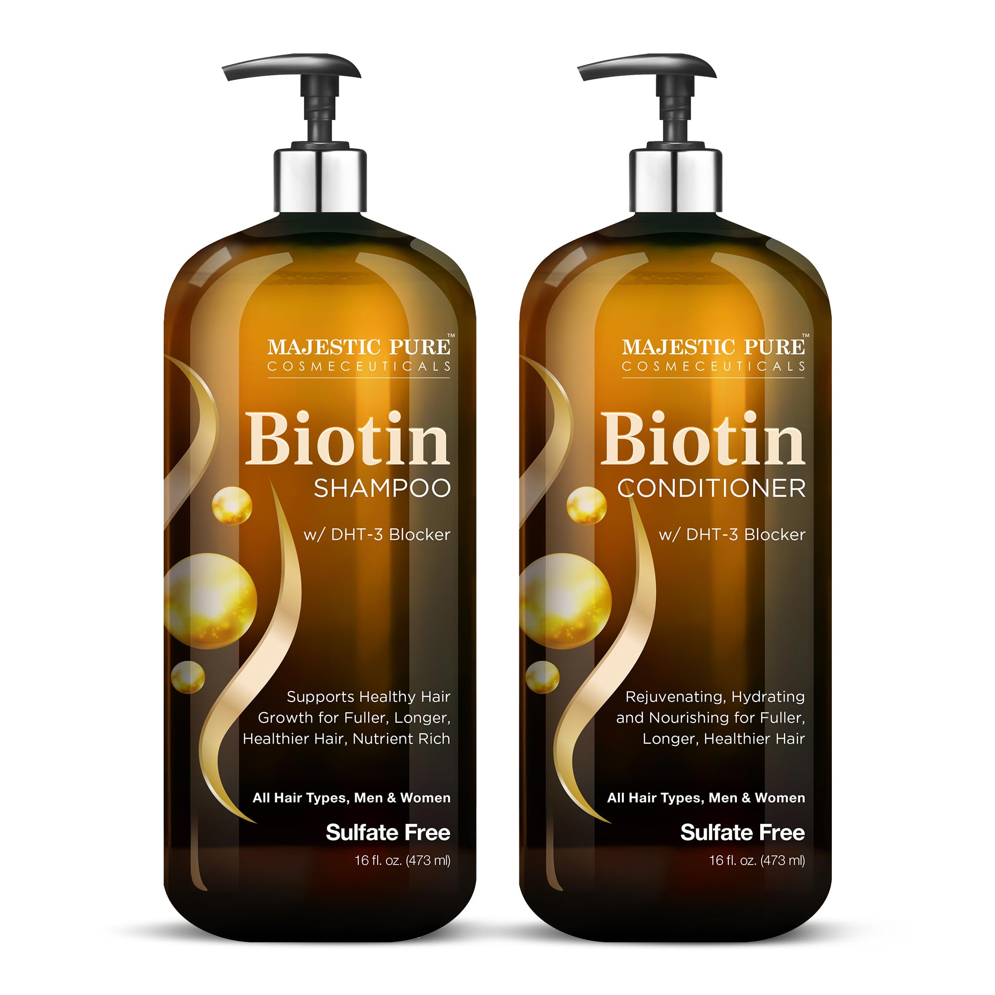 Champú de Biotina Majestic Pure, botella, cabello con más volumen y brillo.