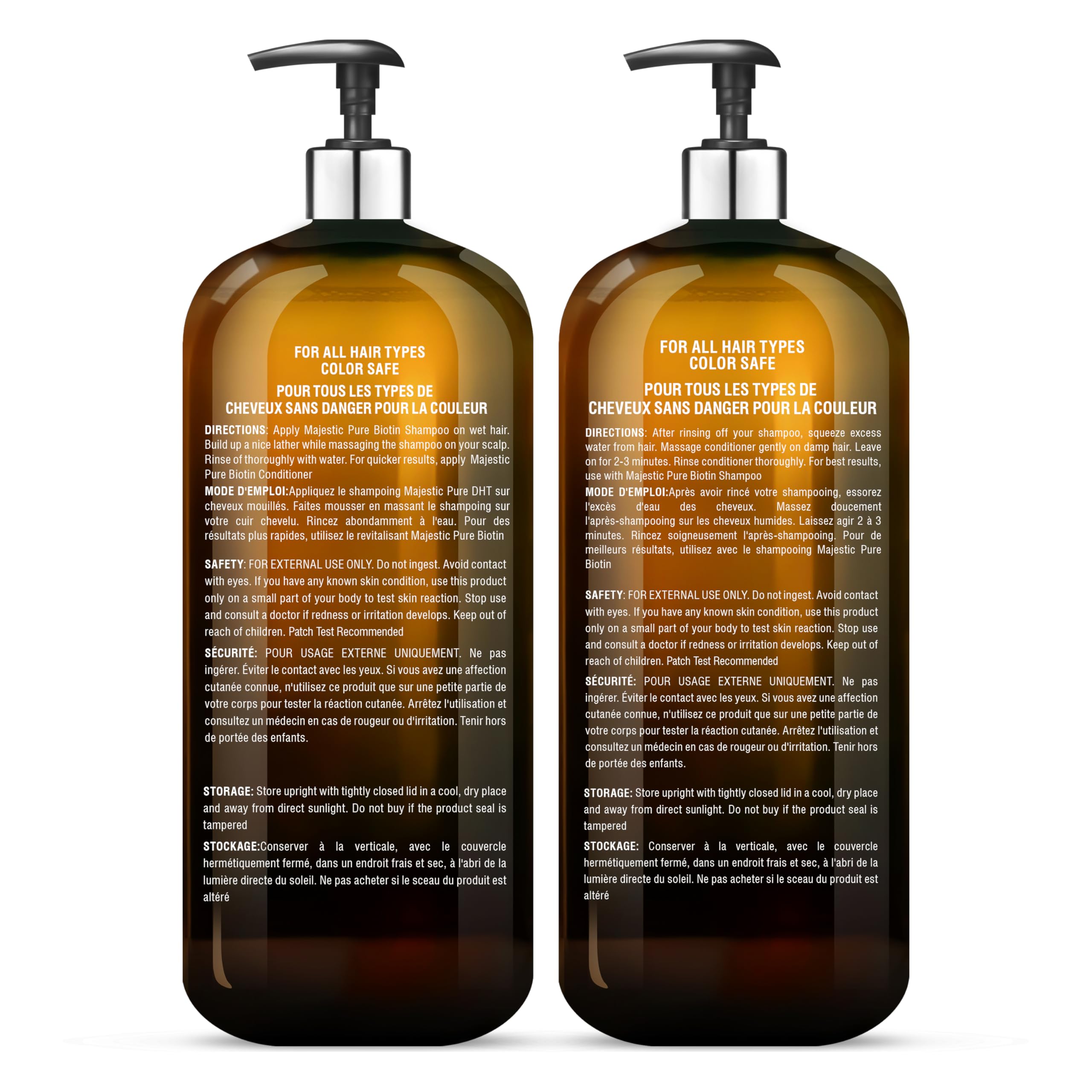 Etiqueta del producto Majestic Pure Biotina, destaca ingredientes clave y beneficios visibles.