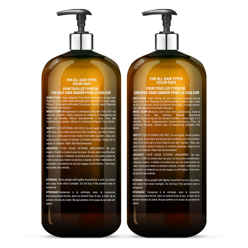 Etiqueta del producto Majestic Pure Biotina, destaca ingredientes clave y beneficios visibles.