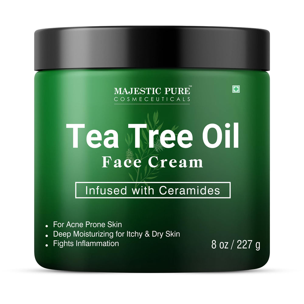 Majestic Pure Crema Facial con Aceite de Árbol de Té, aplicación diaria para piel suave.