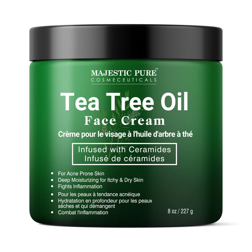 Majestic Pure Crema Facial con Aceite de Árbol de Té, botella: hidratación profunda para piel seca.