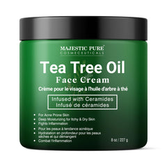 Majestic Pure Crema Facial con Aceite de Árbol de Té, botella: hidratación profunda para piel seca.