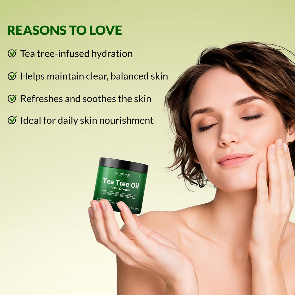 Majestic Pure Crema Facial con Aceite de Árbol de Té, uso diurno para piel cómoda.