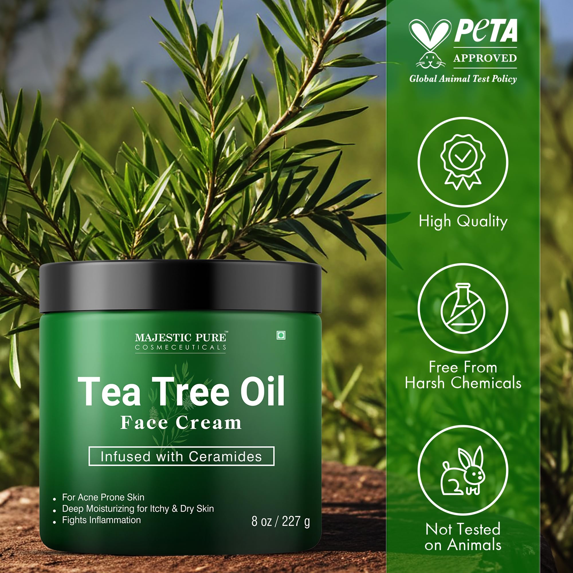 Majestic Pure Crema Facial con Aceite de Árbol de Té, cuidado nocturno para piel renovada.
