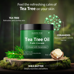 Majestic Pure Crema Facial con Aceite de Árbol de Té, textura ligera y rápida absorción.