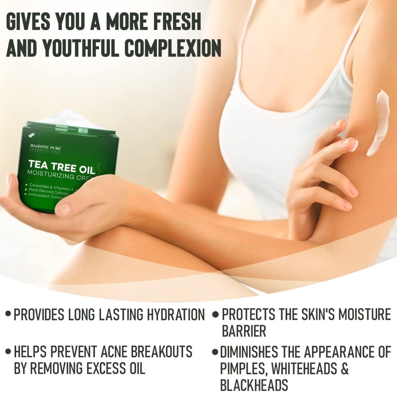 Majestic Pure crema para manos con árbol de té y beneficios hidratantes.