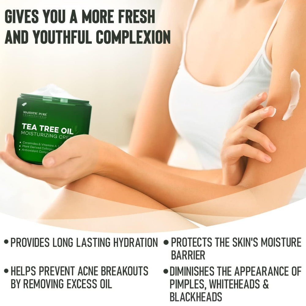 Majestic Pure crema para manos con árbol de té y beneficios hidratantes.