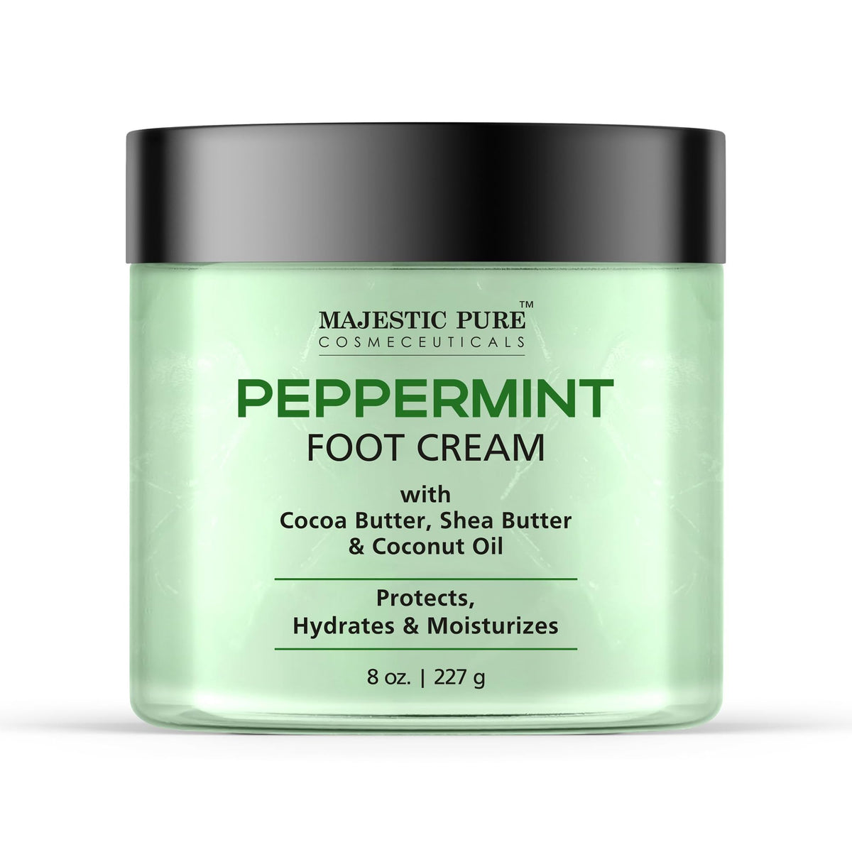Majestic Pure crema-pie-mentolada en bote de 8 oz, hidrata piel seca.