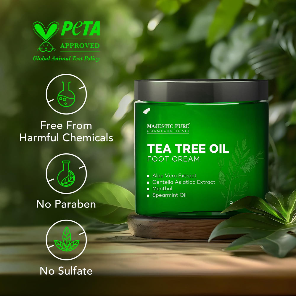 Uso diario de Majestic Pure crema de pies con árbol de té para cuidado constante.