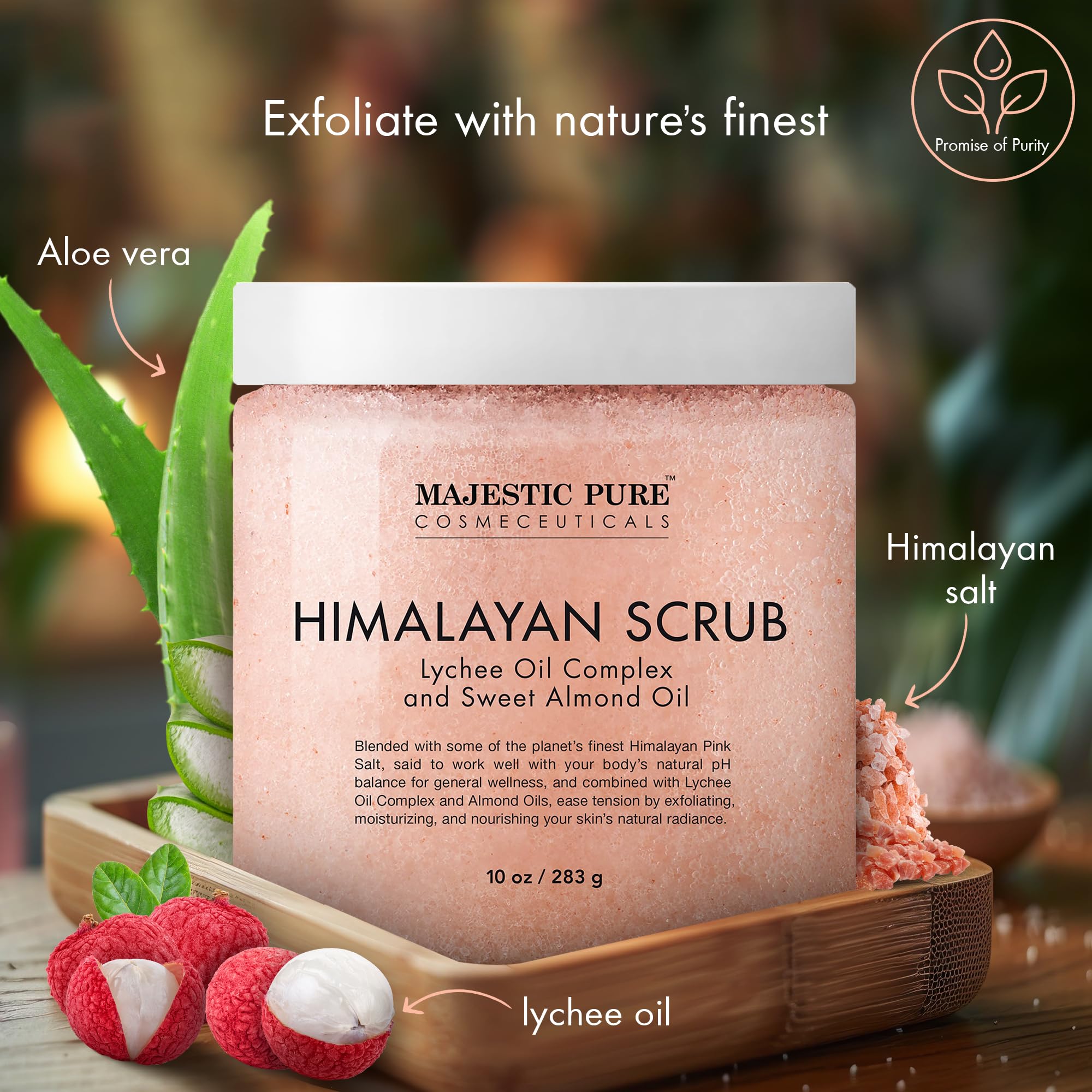 Majestic Pure Exfoliante Corporal Lychee: textura salina que limpia poros y suaviza la piel