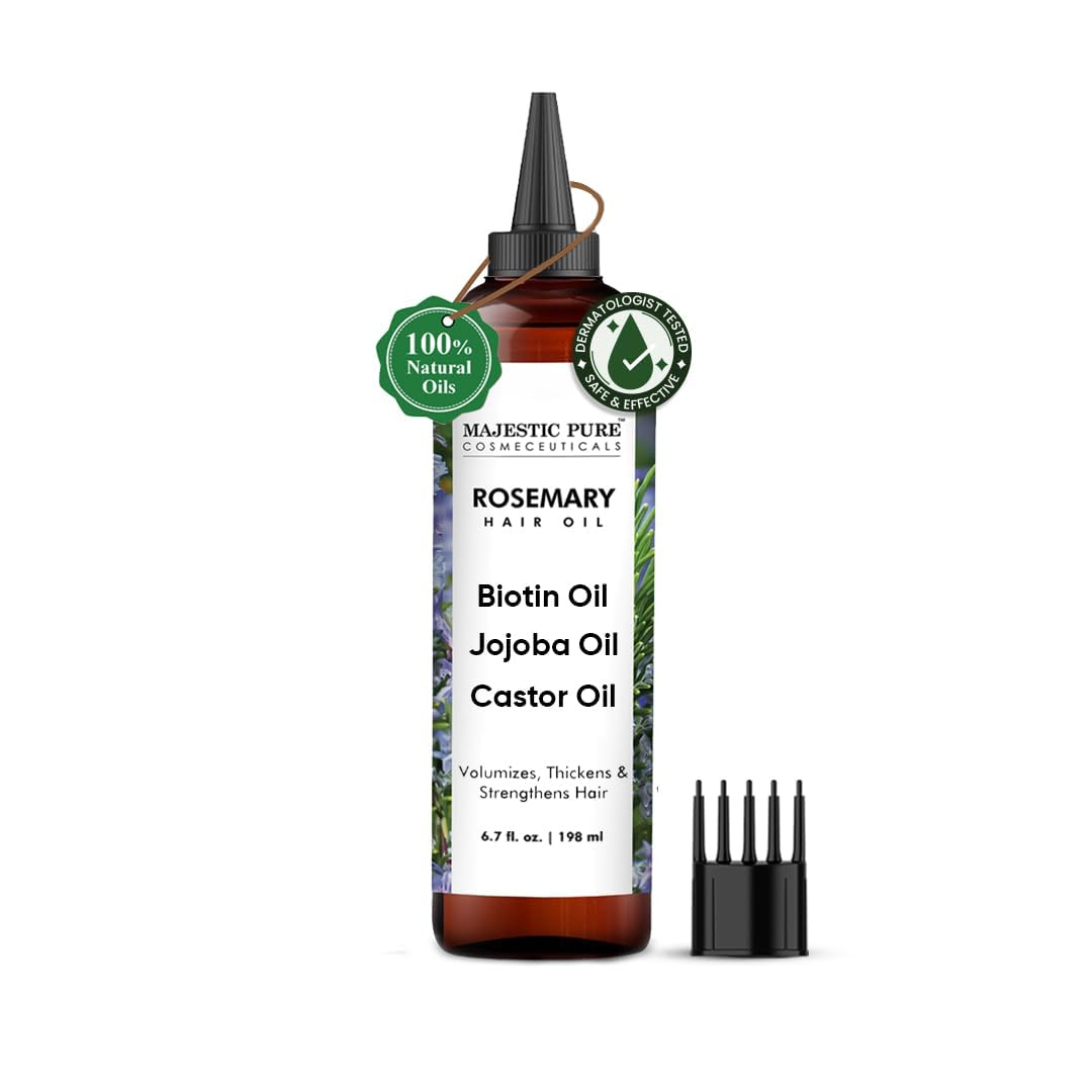 Majestic Pure Romero Aceite, botella frontal, aroma natural suave para el cuidado diario del cabello.