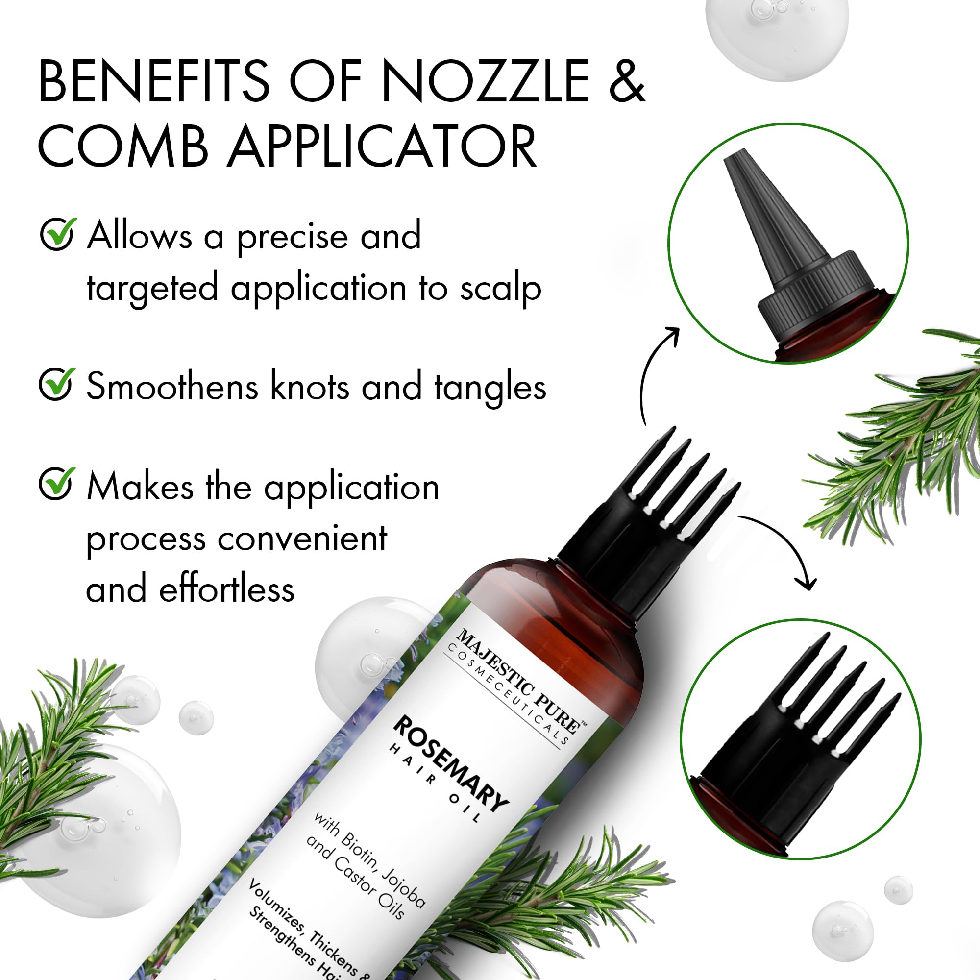Majestic Pure Romero Aceite, cabello nutrido, promueve brillo suave y saludable.