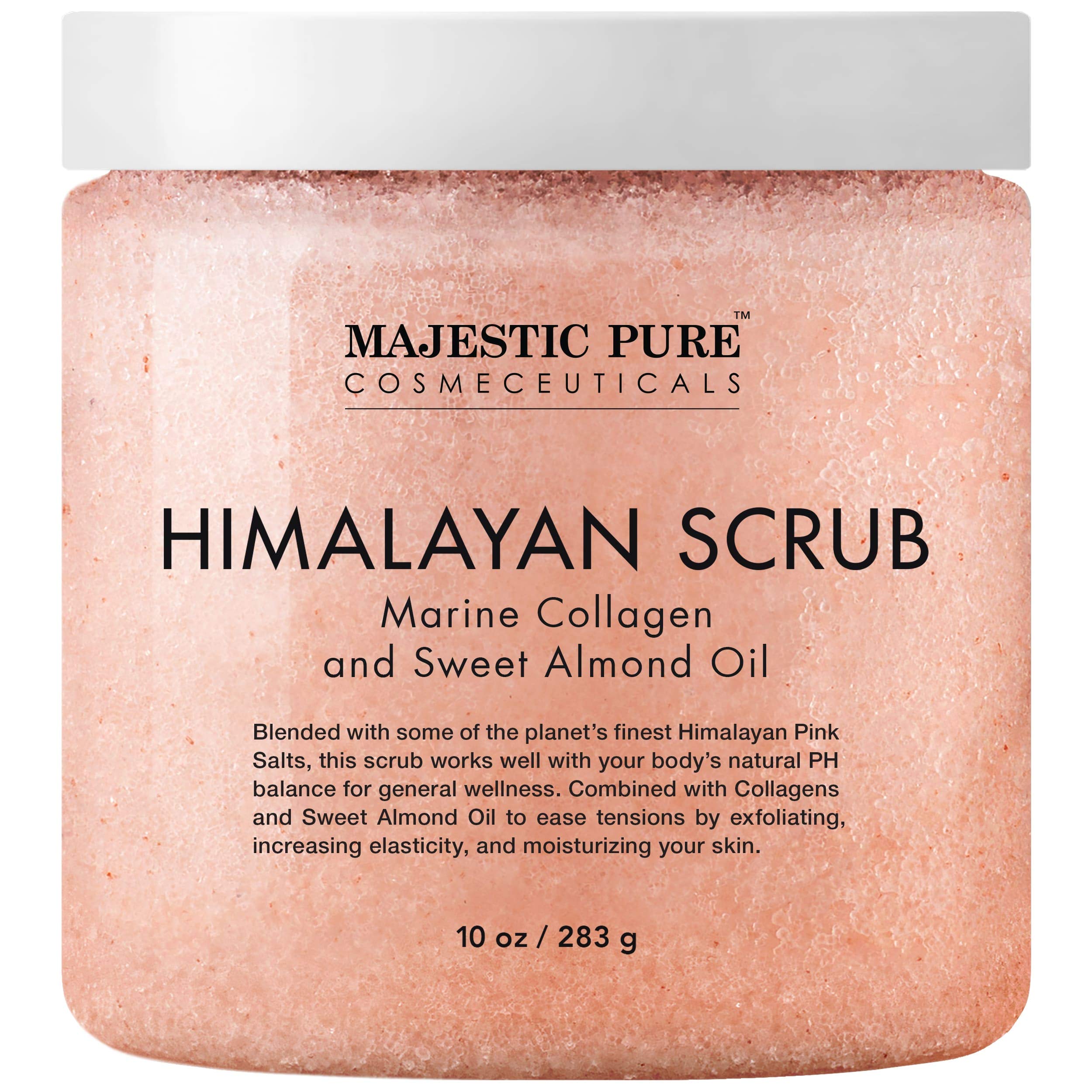Majestic Pure sal Himalaya exfoliante de cuerpo con textura gruesa para exfoliar suavemente la piel.