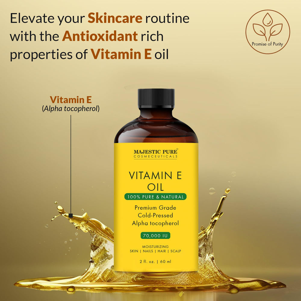 Majestic Pure Vitamin E Oil dropper enables precise facial and body application.