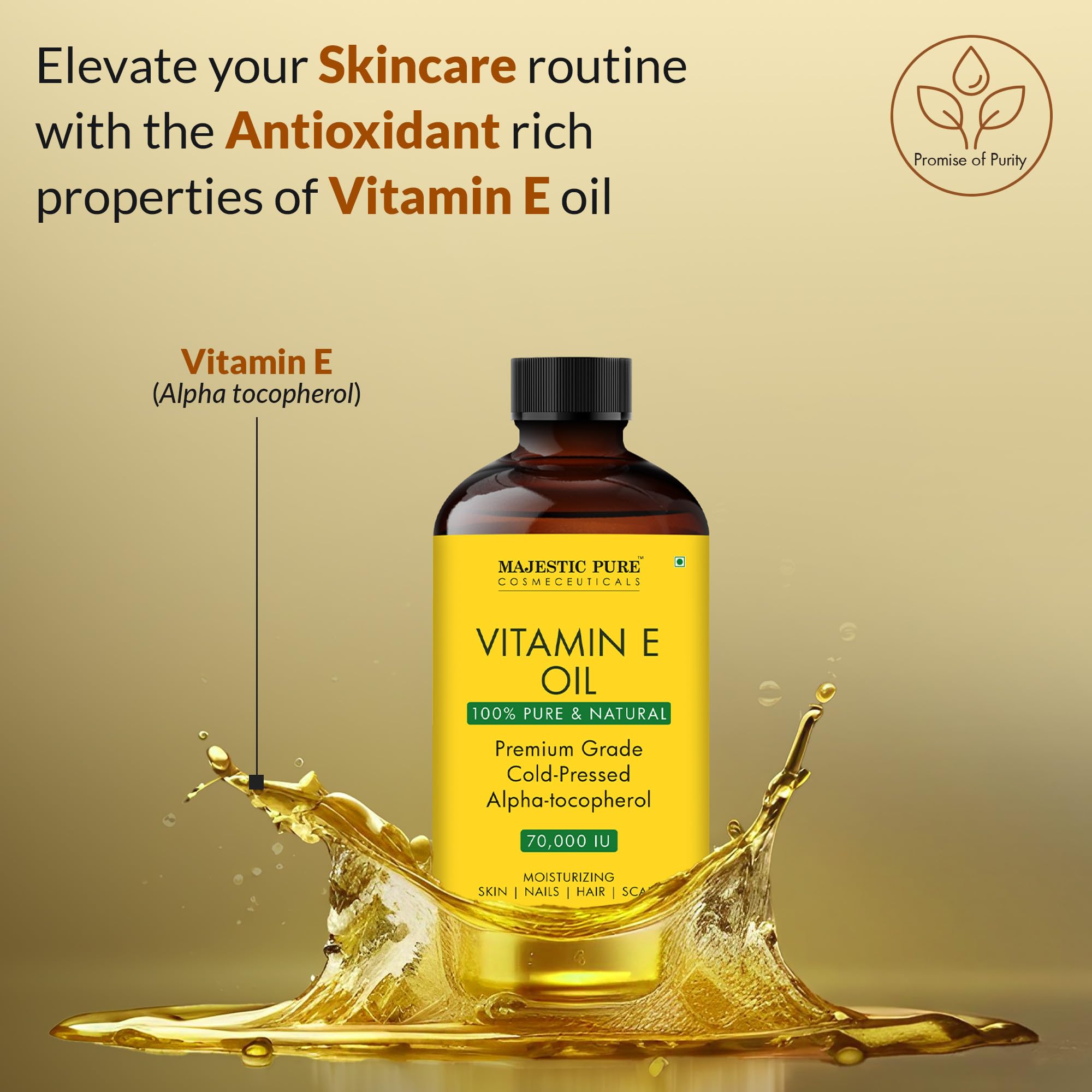 Majestic Pure Vitamina E: uso diario para piel, rostro y cabello suave.