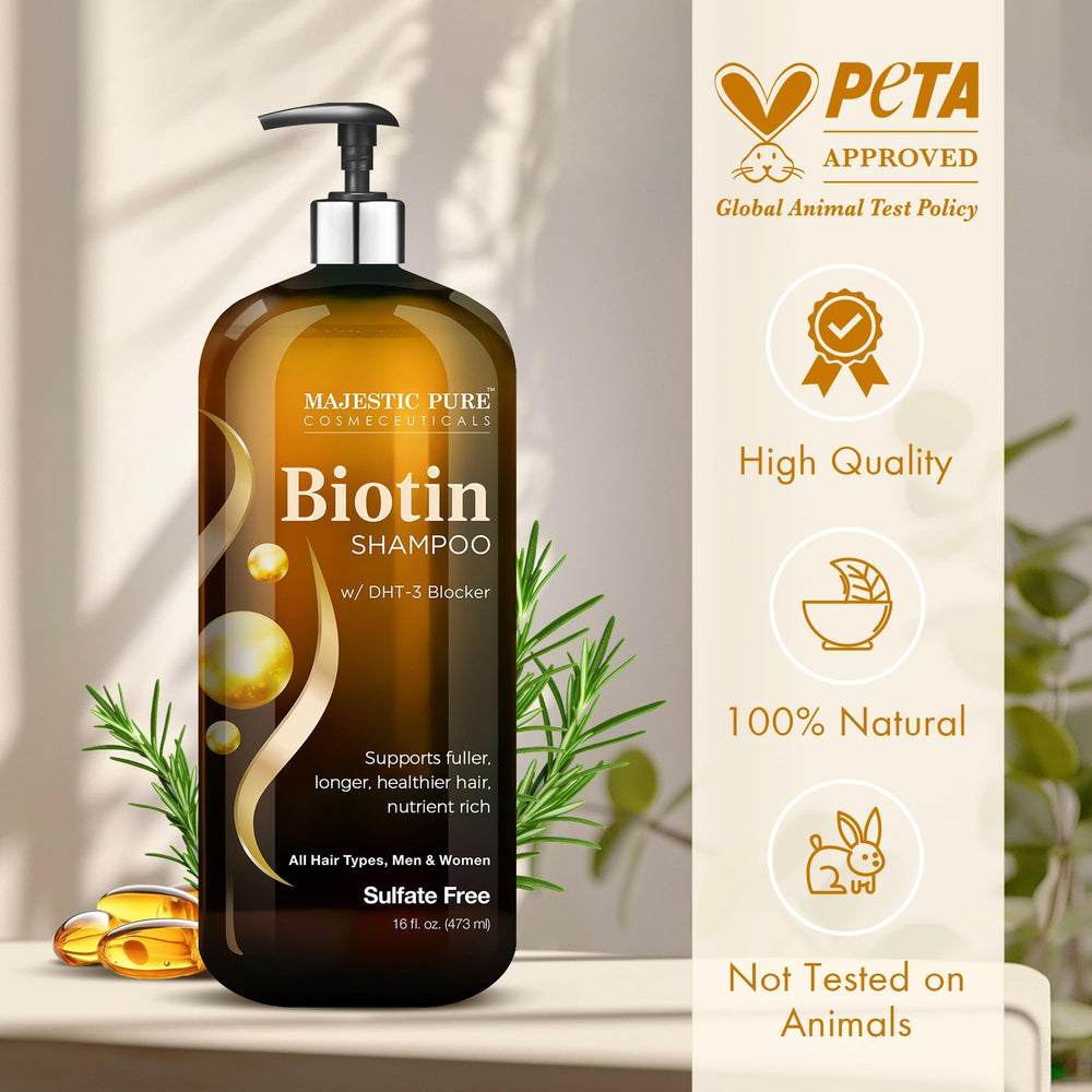 Champú Majestic Pure Biotina: aceites de romero y ricino visibles para hidratación.