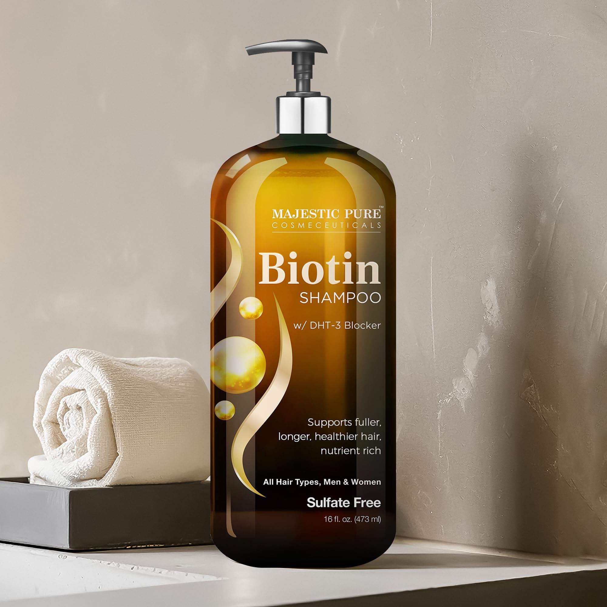 Champú Majestic Pure Biotina: aplicación diaria para cabello fino y con volumen.