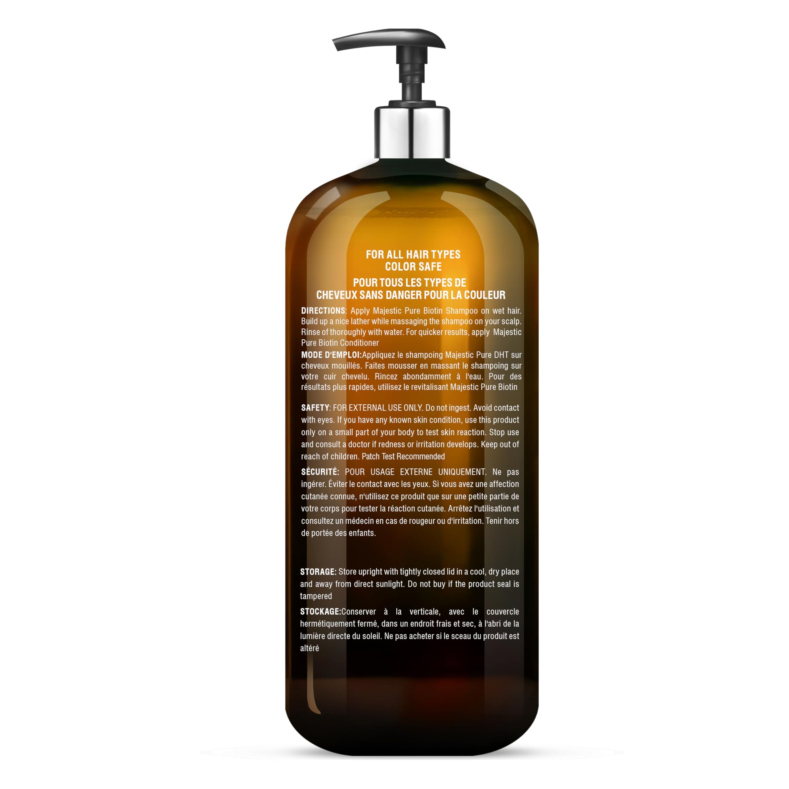 Etiqueta verde y dorada de Majestic Pure Biotina sugiere pureza natural.