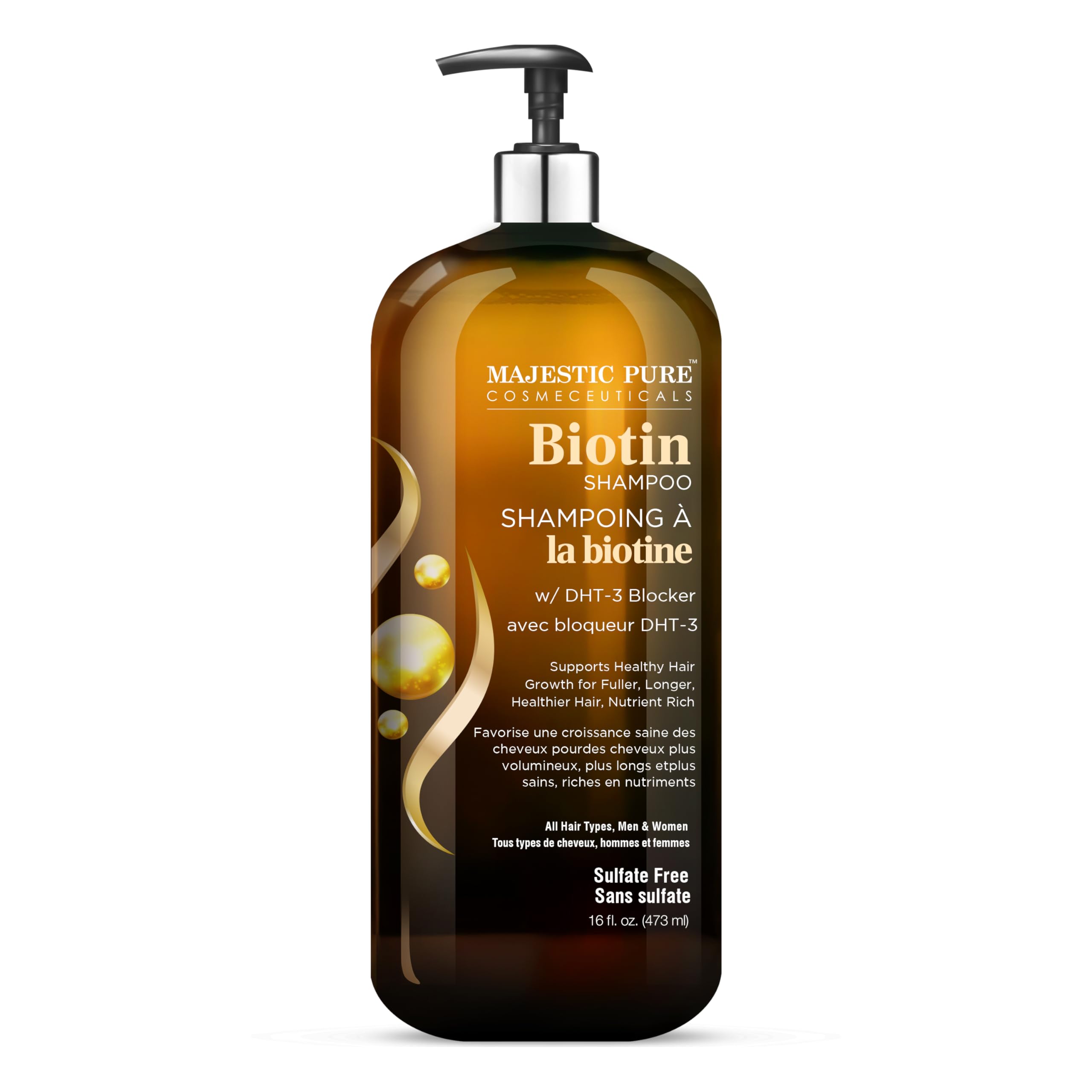 Champú Majestic Pure Biotina: envase de 16 onzas, práctico y cómodo.