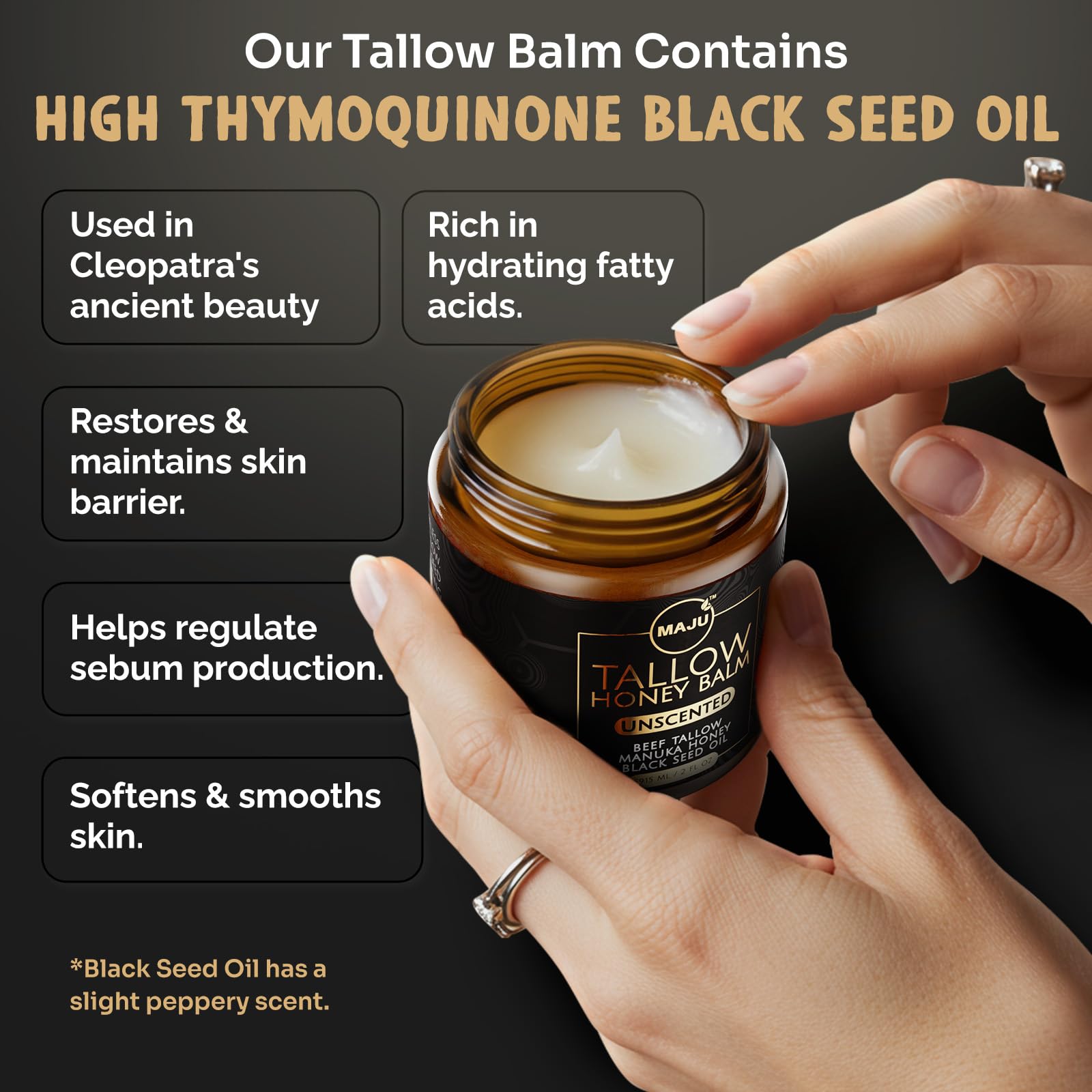 MAJU balm in hand applying for smooth, fast-absorbing skin hydration.