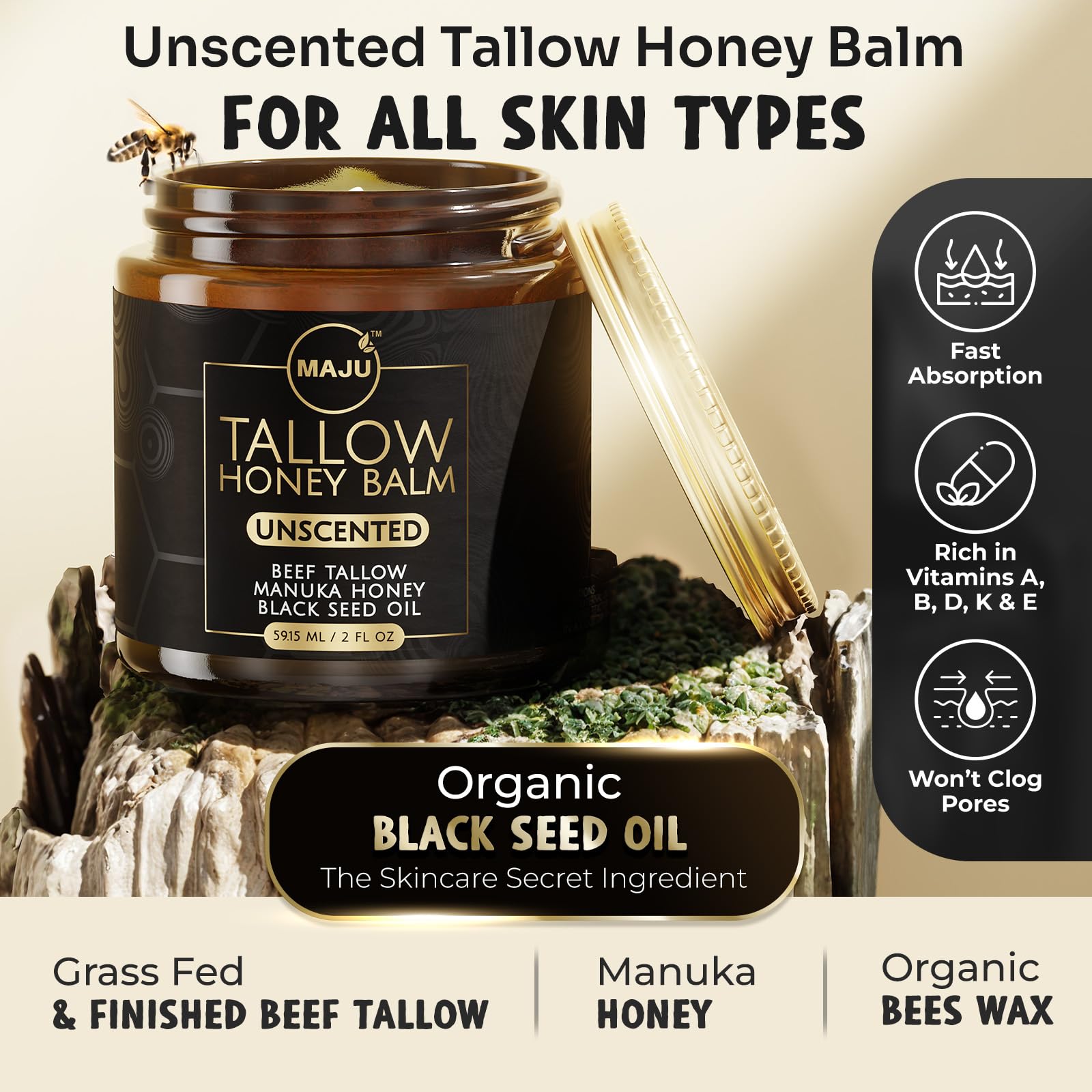 MAJU beef tallow balm texture close-up showing dense, rich moisture.