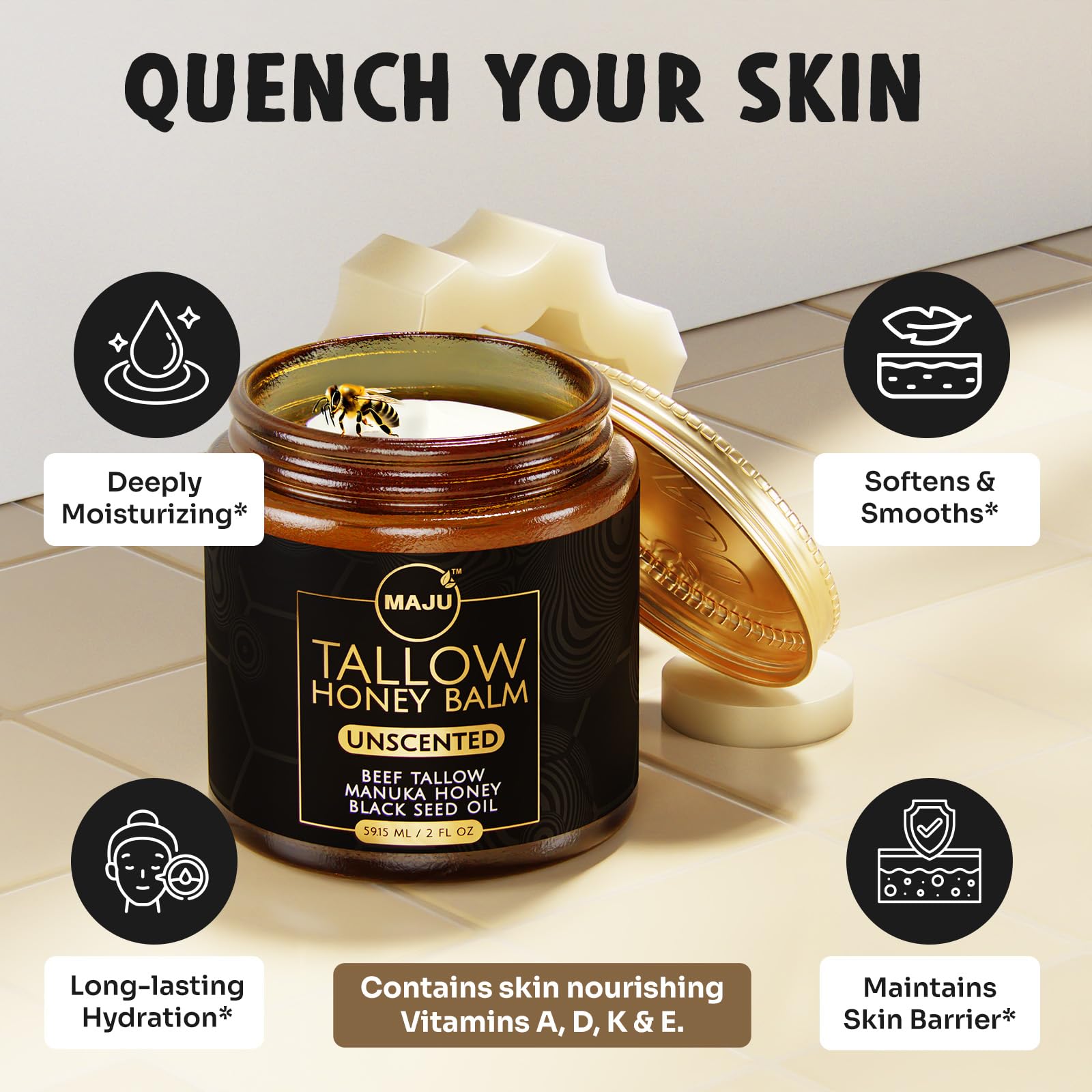 MAJU Manuka honey jar close-up emphasizing natural antioxidant-rich honey.
