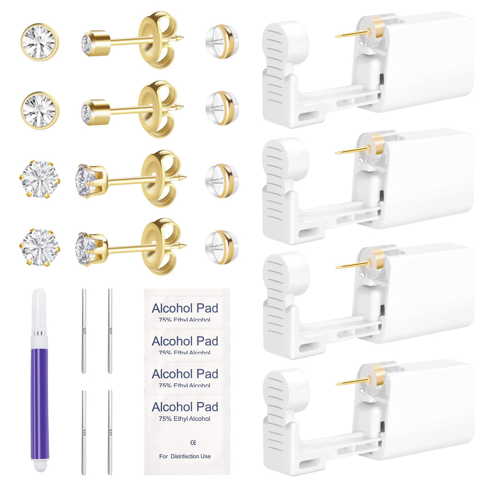 Makalong gold ear piercing kit box with complete accessories for at-home piercing.