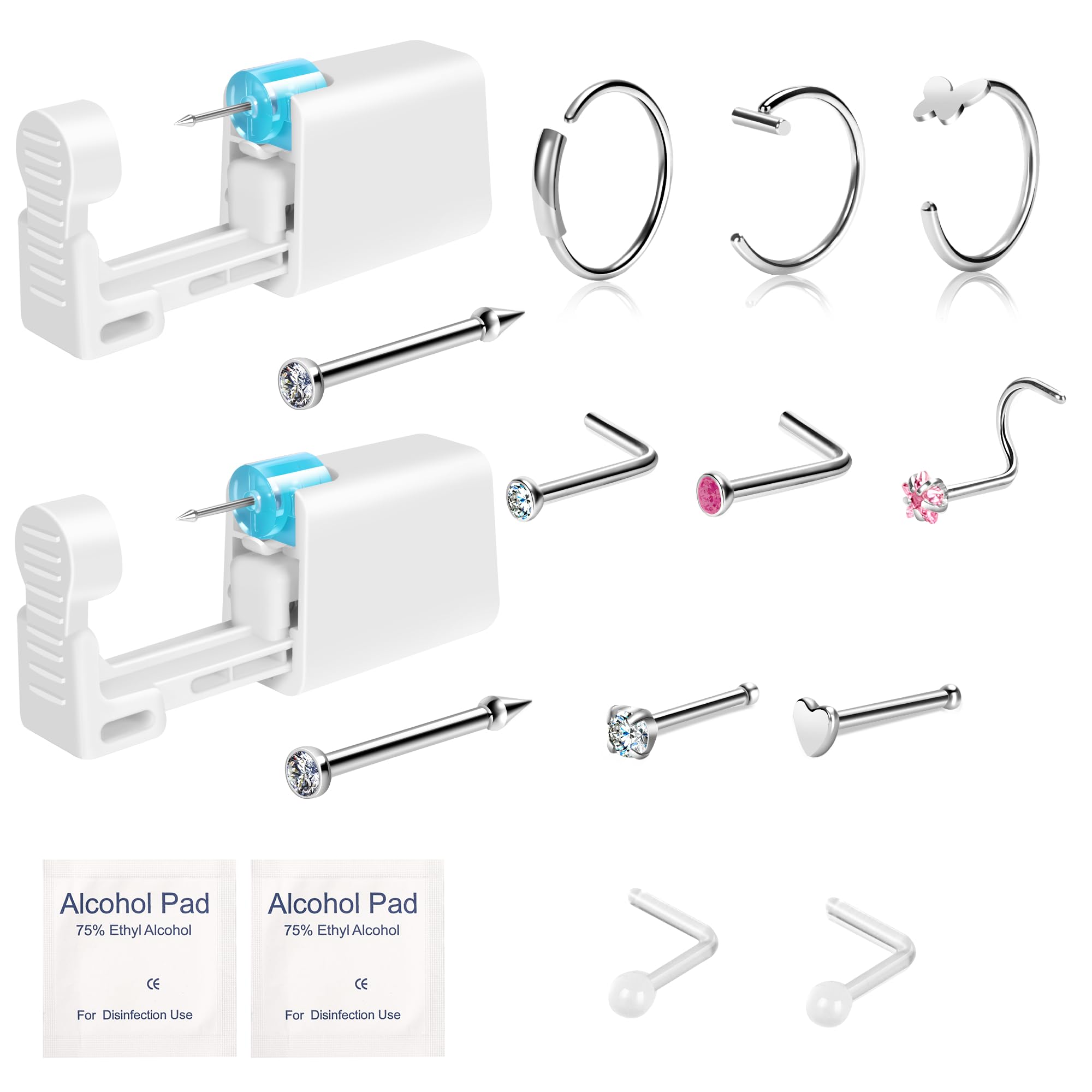 Makalong nose piercing kit two-pack with guns and studs offers versatile styling options.