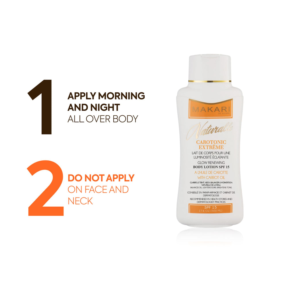 MAKARI Carotonic Extreme Body Lotion applied on arm for demonstration.