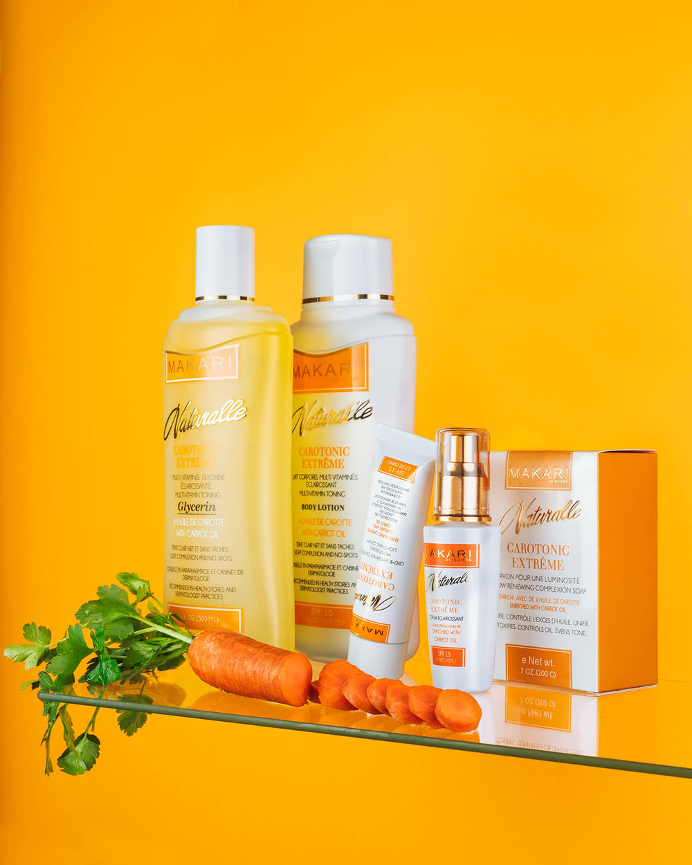 MAKARI Carotonic Extreme Body Lotion displayed on bathroom shelf.