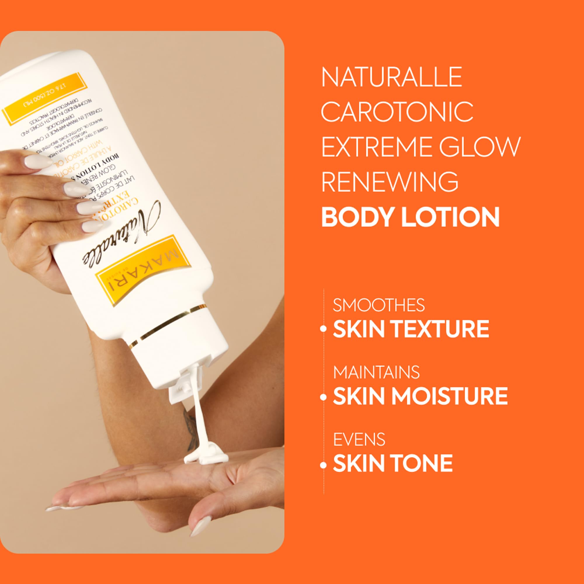 Lotion texture swatch shows light, silky hydration from MAKARI Carotonic Extreme.