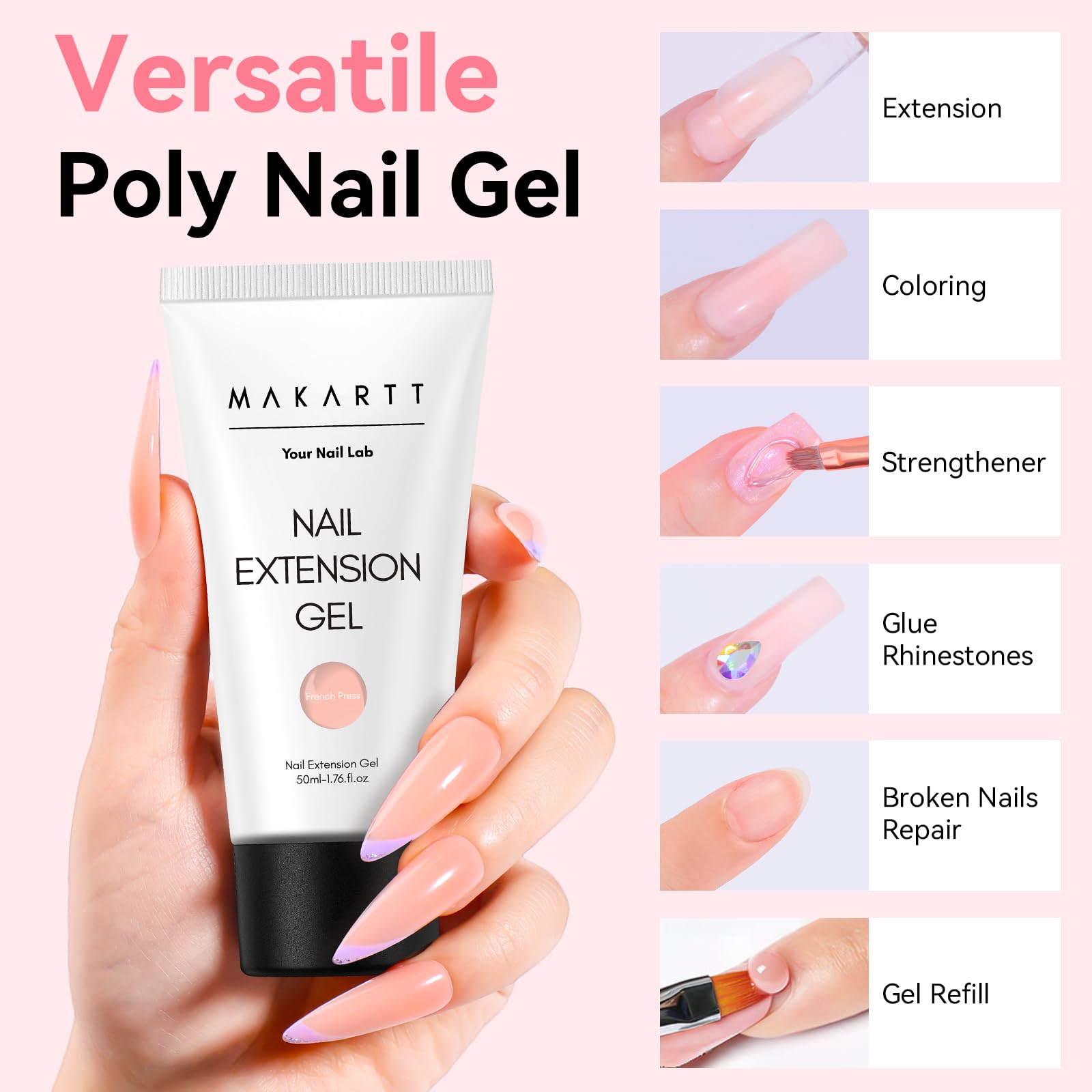 Aplicación fácil de gel poly Makartt para uñas con acabado natural.
