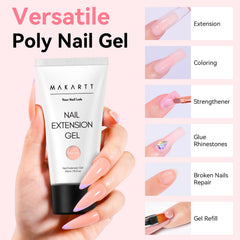 Aplicación fácil de gel poly Makartt para uñas con acabado natural.