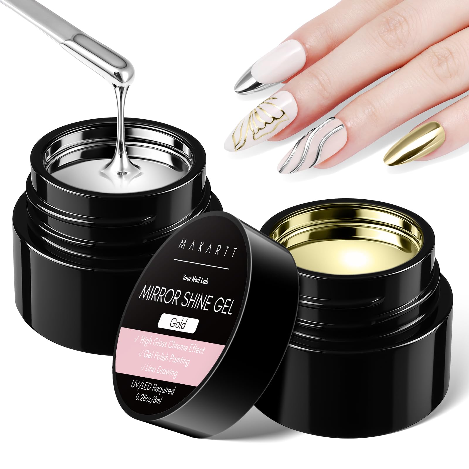 Makartt chrome gel nails in silver and gold with a high-gloss mirror finish.